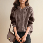 Cable knit hoodie with plaid sleeves for women