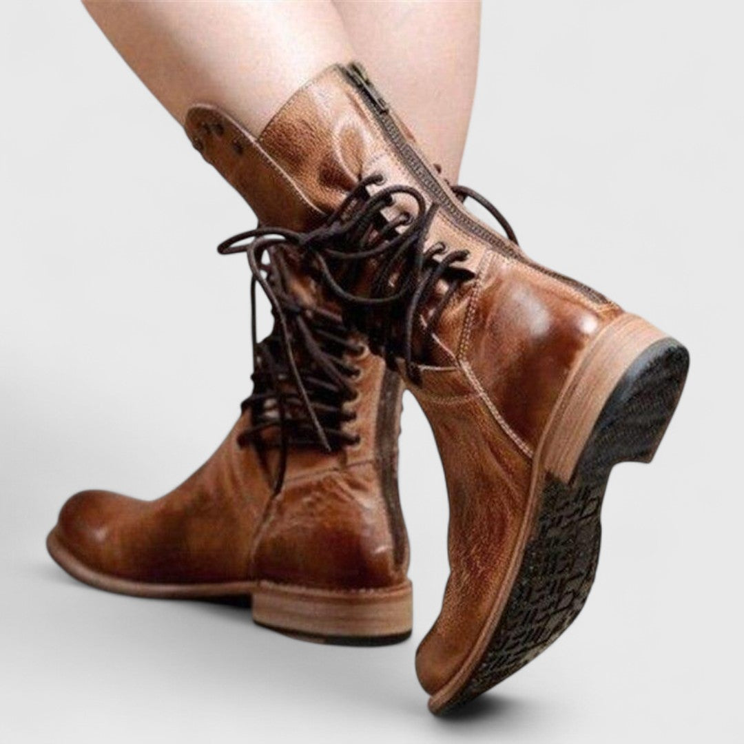 Lace-up mid-calf leather boots for women