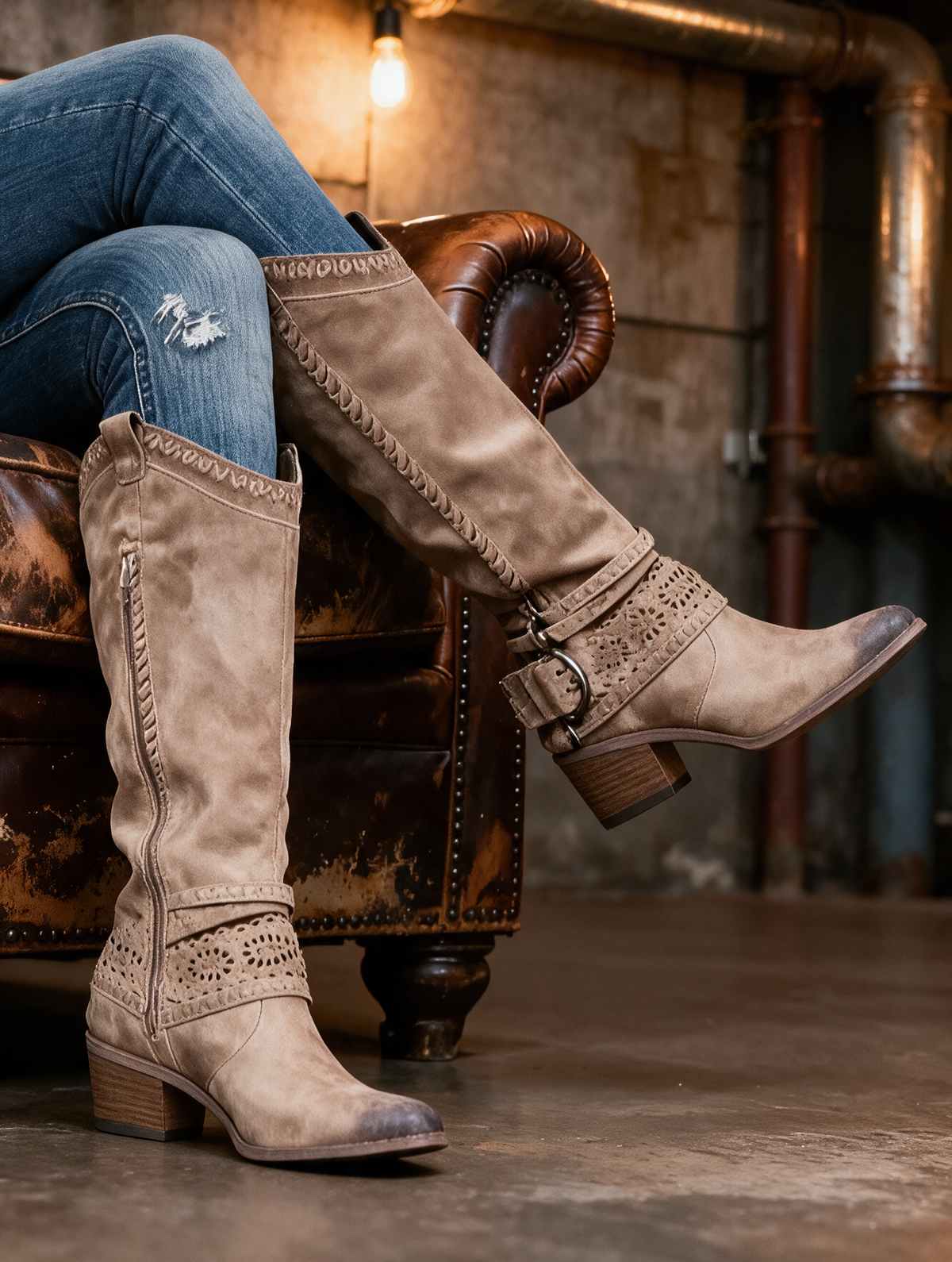 Laser-cut knee-high western buckle boots for women