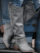 Laser-cut knee-high western buckle boots for women