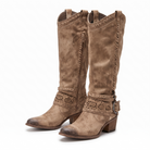 Laser-cut knee-high western buckle boots for women