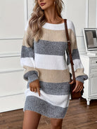 Striped balloon sleeve sweater dress for women