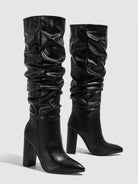Ruched leather-look block heel slouch boots for women