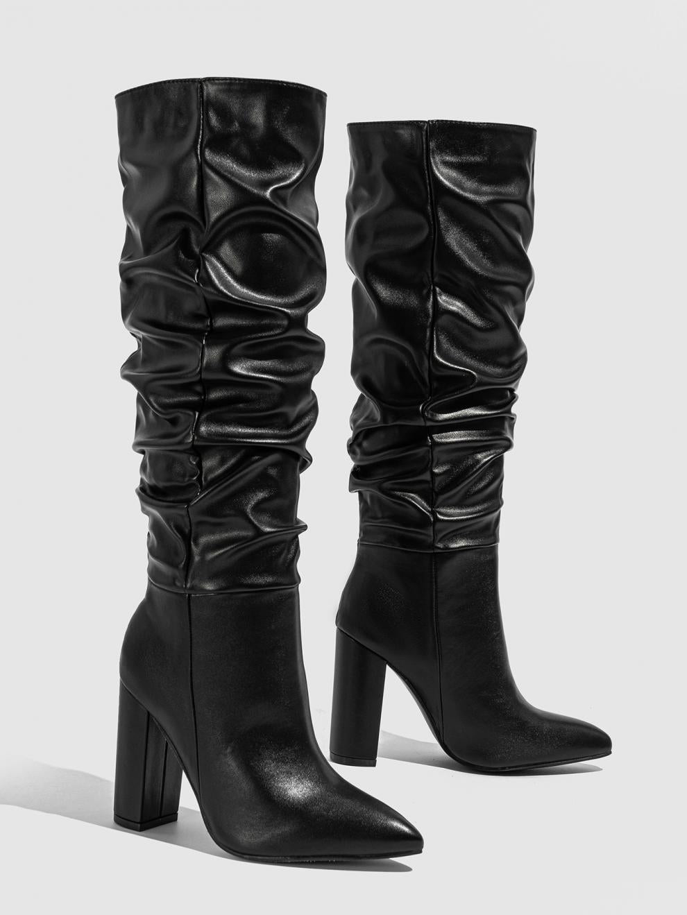 Ruched leather-look block heel slouch boots for women