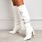 Ruched leather-look block heel slouch boots for women