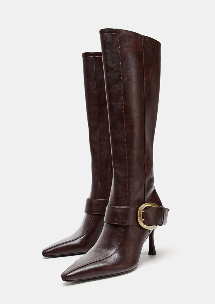Buckled pointed toe knee-high boots for women