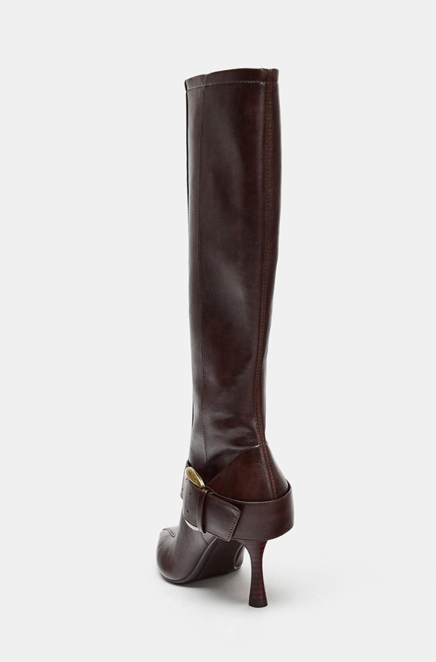 Buckled pointed toe knee-high boots for women