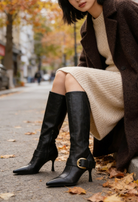 Buckled pointed toe knee-high boots for women