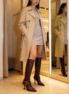 Buckled pointed toe knee-high boots for women