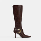 Buckled pointed toe knee-high boots for women