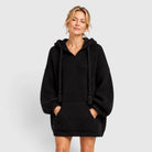 Black oversized chunky knit V-neck hoodie for women