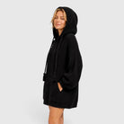 Black oversized chunky knit V-neck hoodie for women