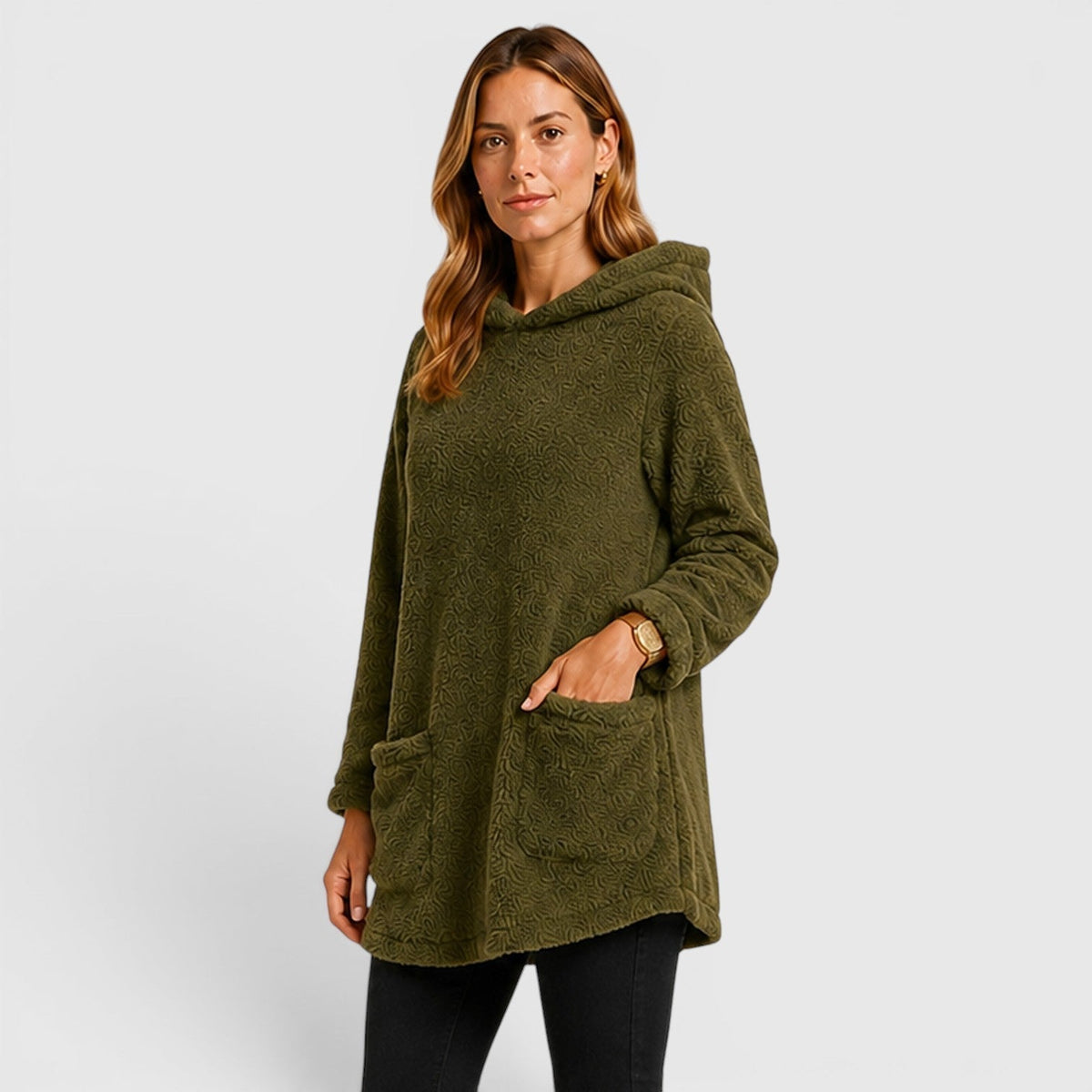 Olive green textured fleece tunic hoodie for women