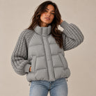 Cable knit sleeve cropped puffer jacket for women