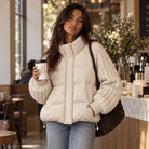 Cable knit sleeve cropped puffer jacket for women