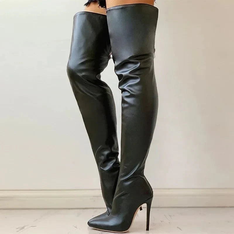 Thigh high stiletto boots in red for women