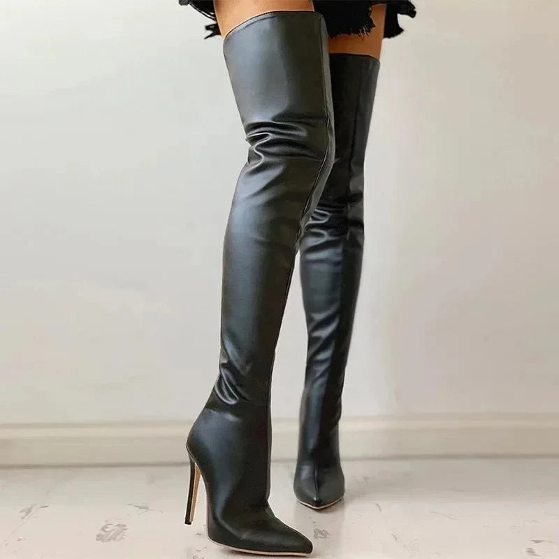 Thigh high stiletto boots in red for women