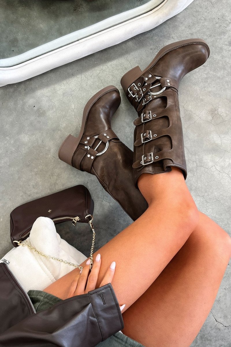 Harness buckle knee-high boots in brown for women