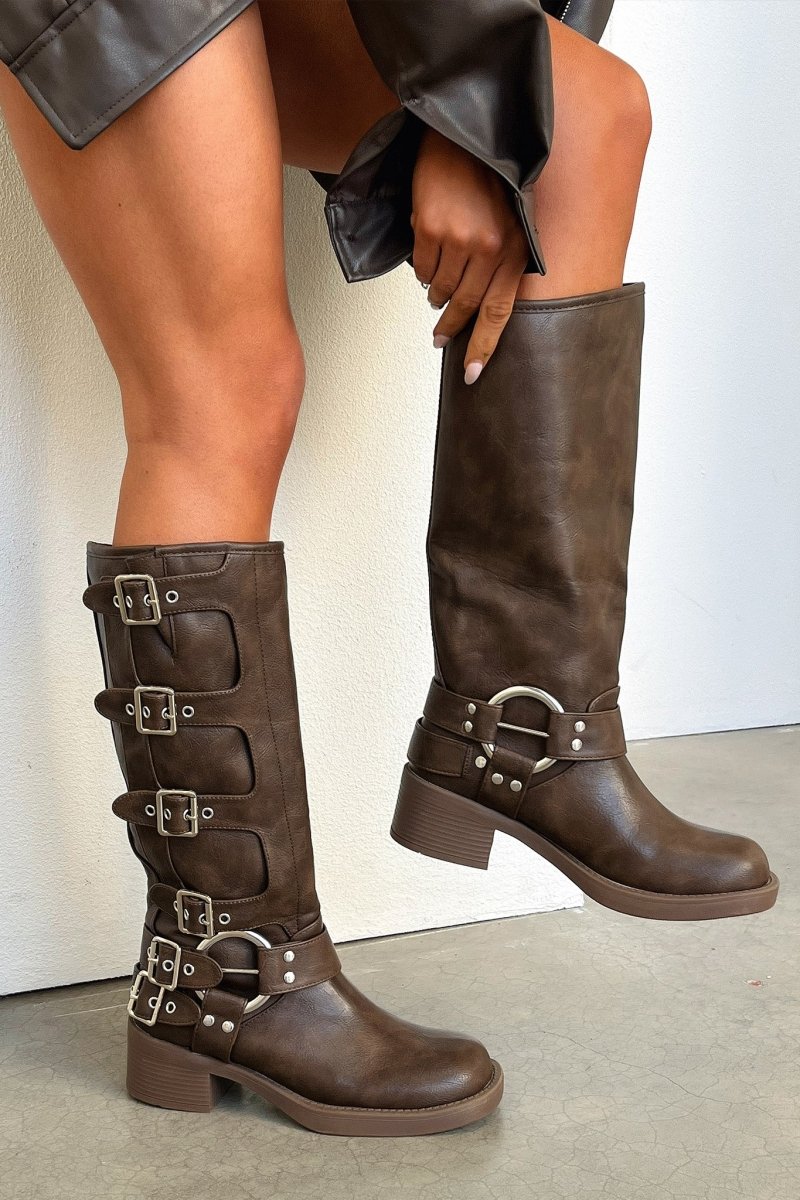 Harness buckle knee-high boots in brown for women