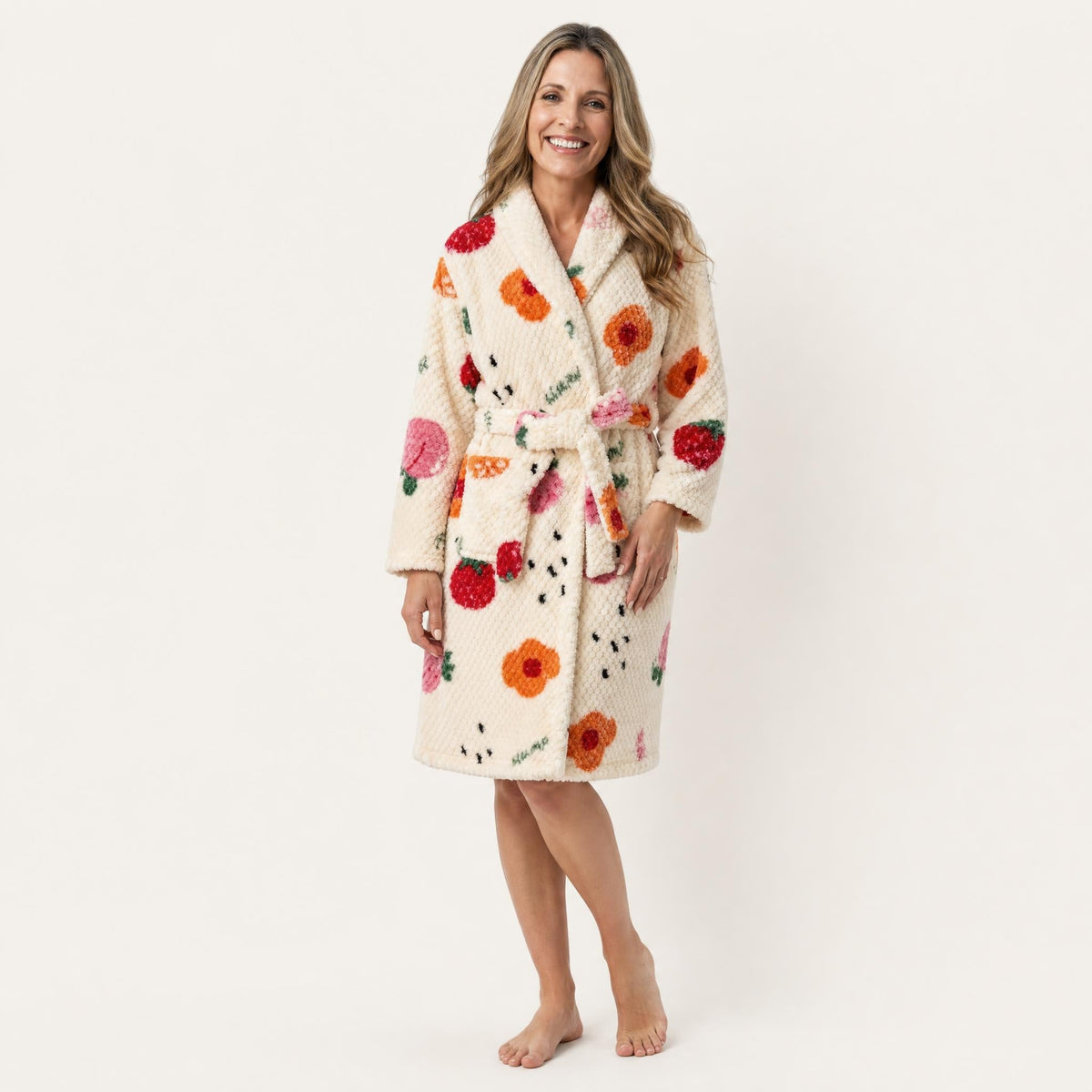 Fruit print plush fleece robe for women