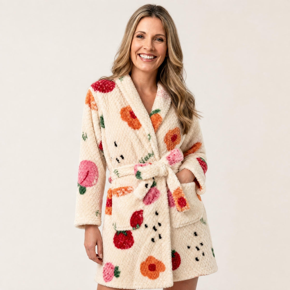 Fruit print plush fleece robe for women