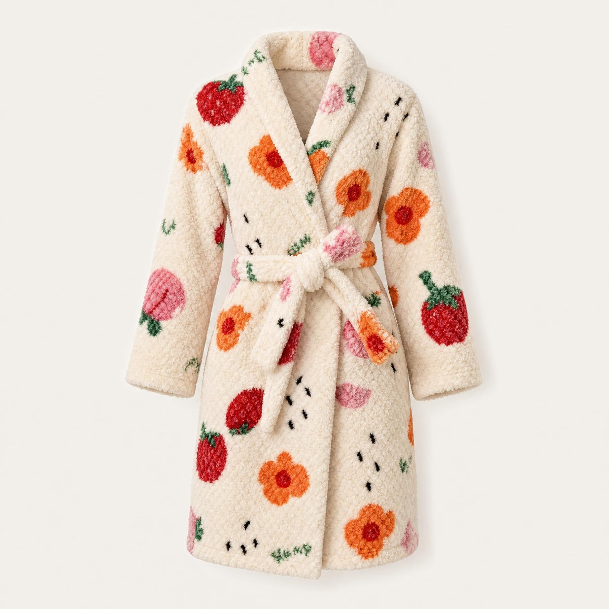 Fruit print plush fleece robe for women