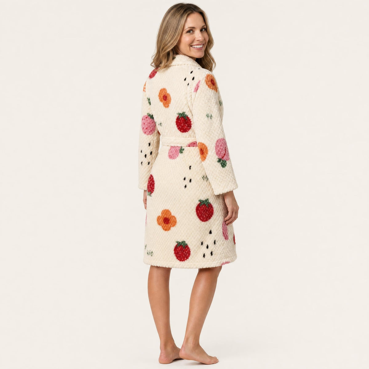 Fruit print plush fleece robe for women