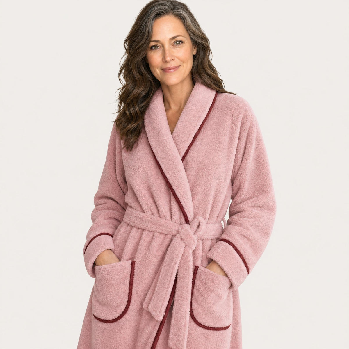 Contrast piped sherpa fleece robe for women