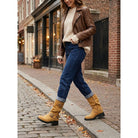 Buckled mid-calf slouch boots for women