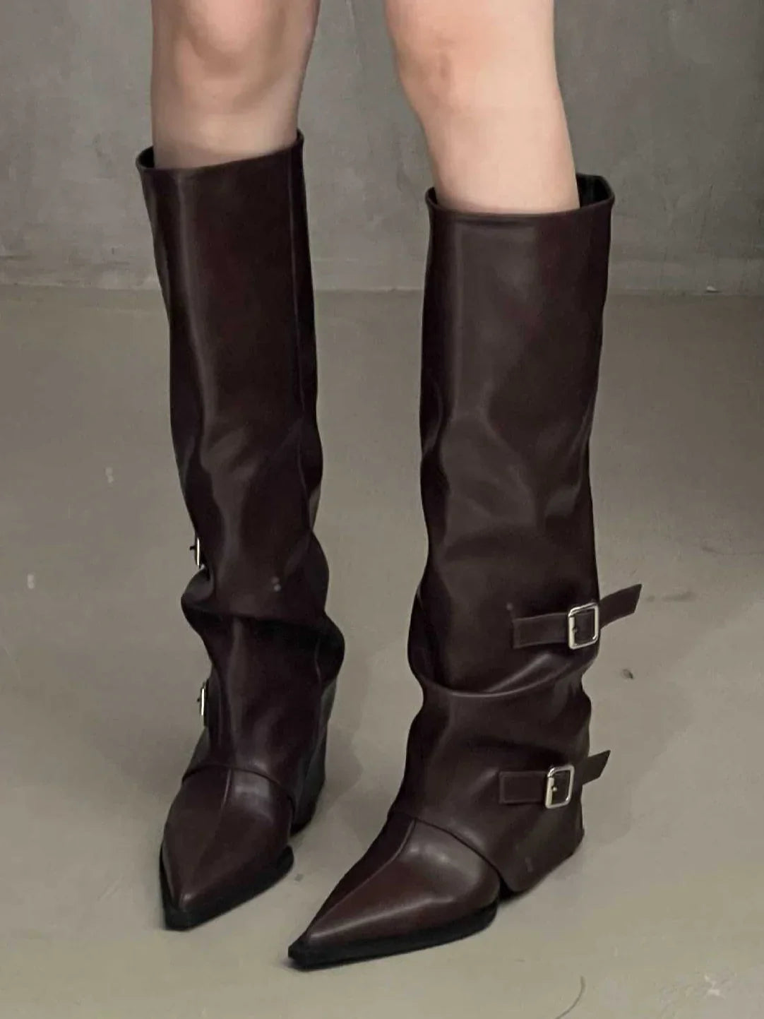 Pointed toe buckle biker boots in coffee for women
