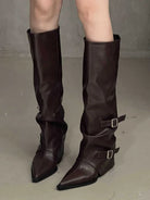 Pointed toe buckle biker boots in coffee for women