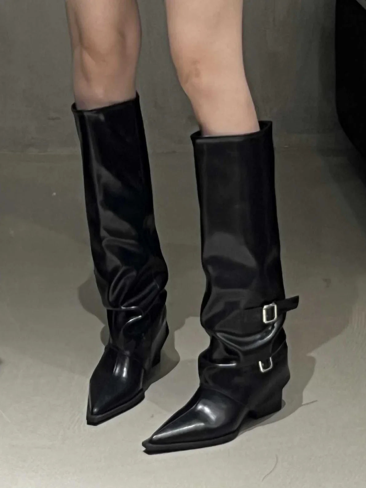 Pointed toe buckle biker boots in black for women