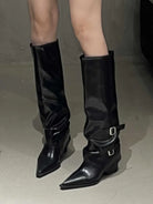 Pointed toe buckle biker boots in black for women