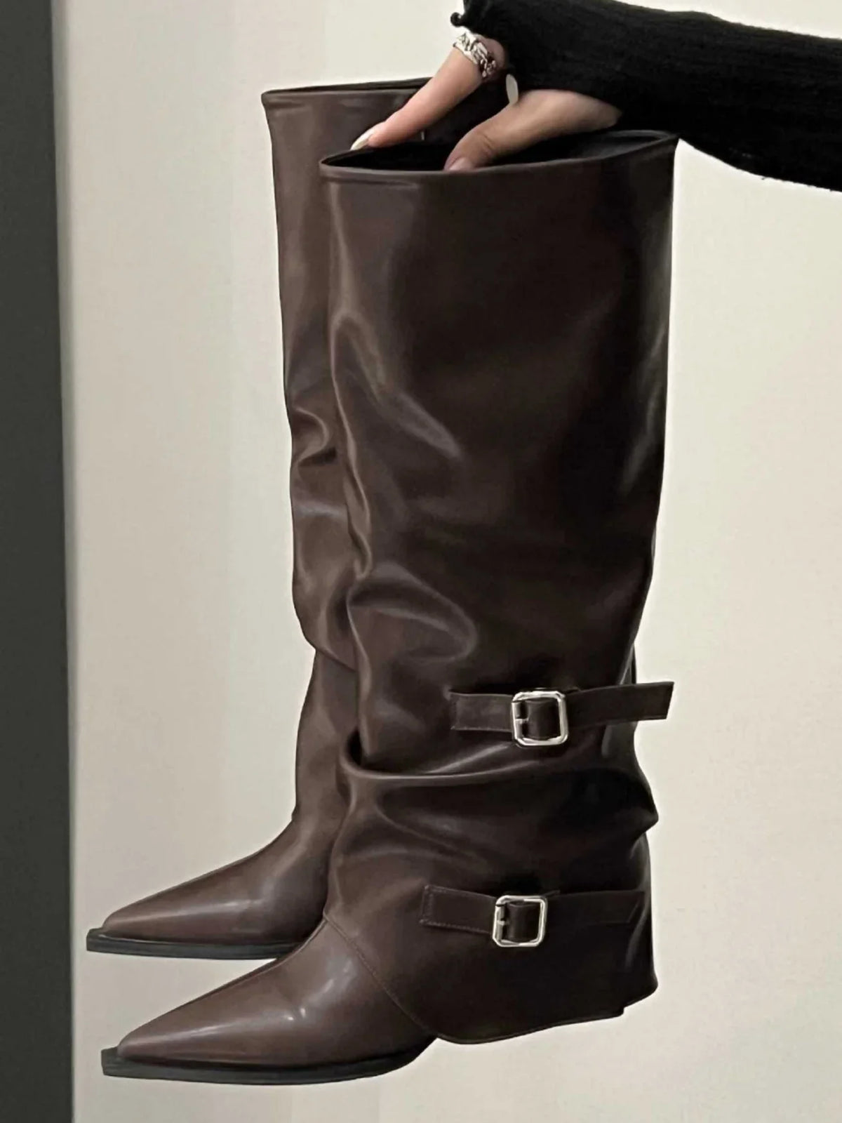 Pointed toe buckle biker boots for women