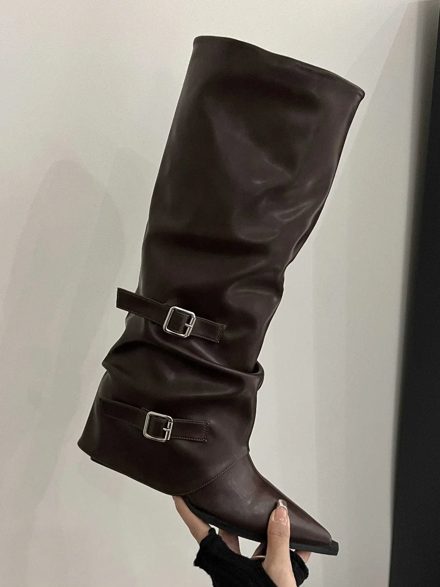 Pointed toe buckle biker boots for women