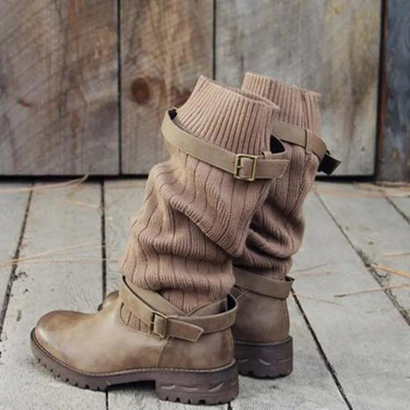 Knit buckle winter boots for women