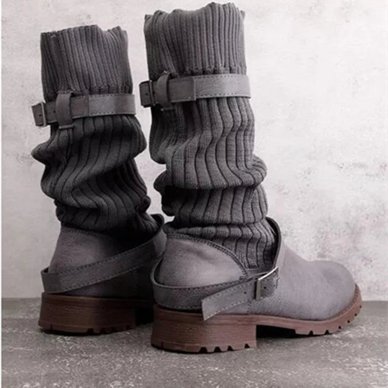 Knit buckle winter boots for women