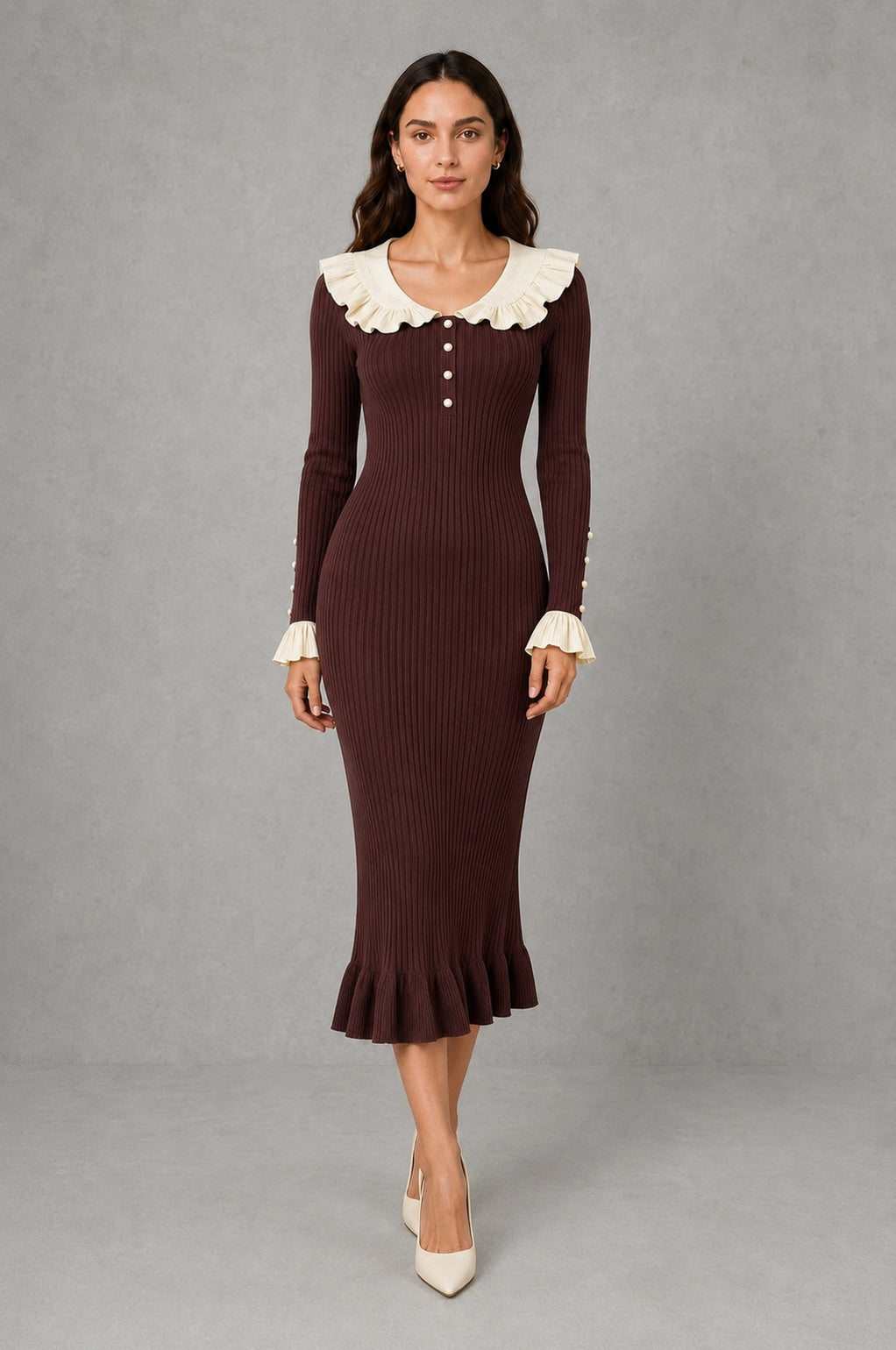 Collared midi ruffle sweater dress for women