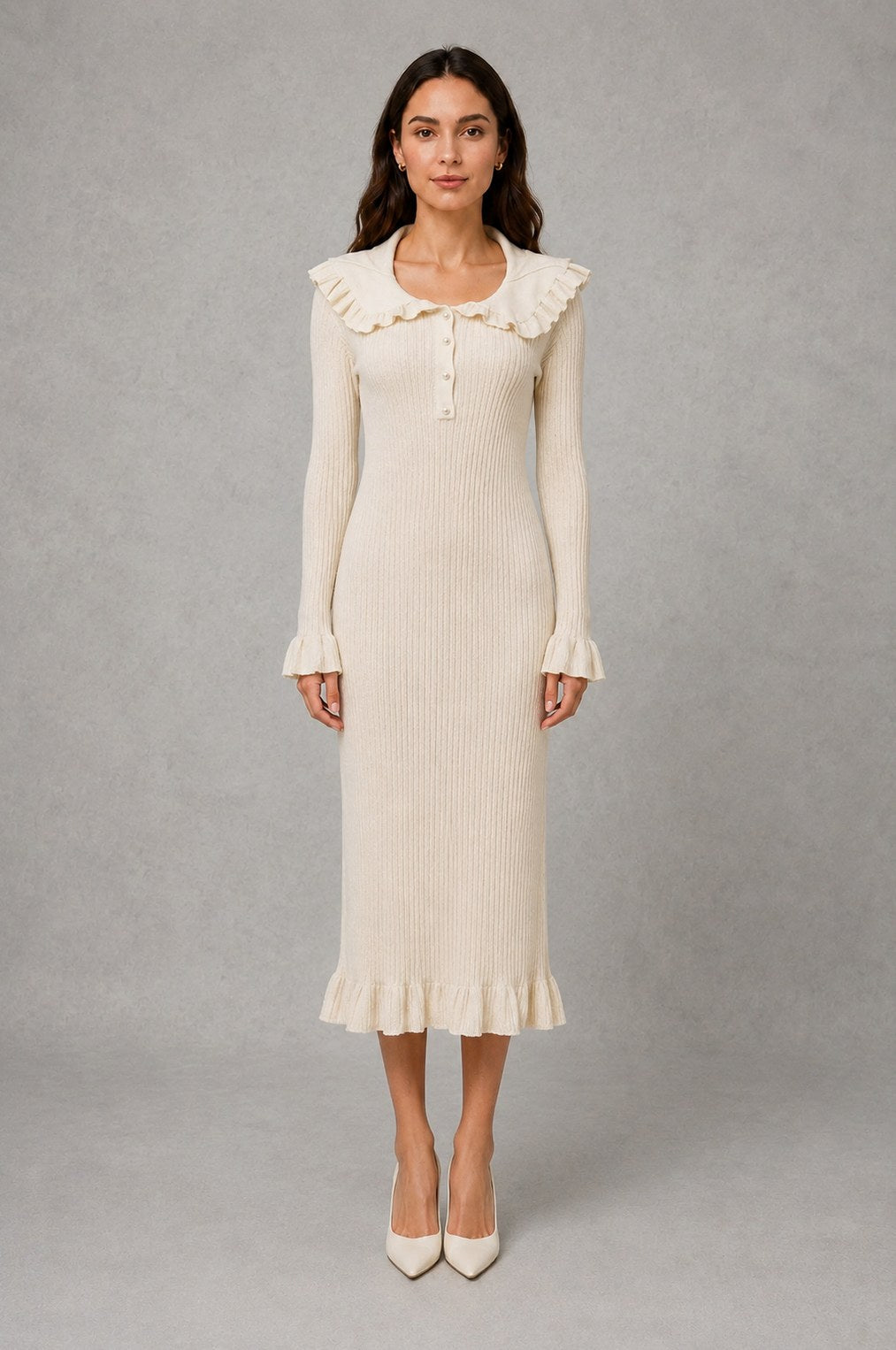 Collared midi ruffle sweater dress for women