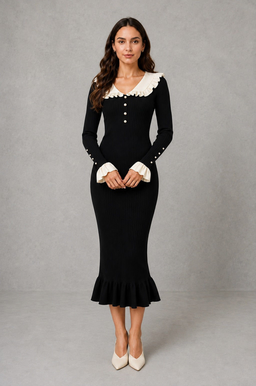 Collared midi ruffle sweater dress for women