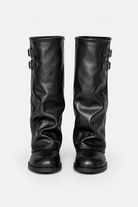 Buckled slouch knee-high biker boots for women