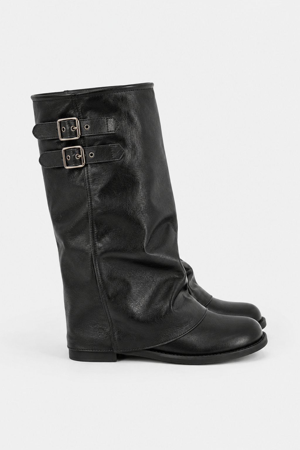 Buckled slouch knee-high biker boots for women