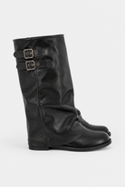 Buckled slouch knee-high biker boots for women