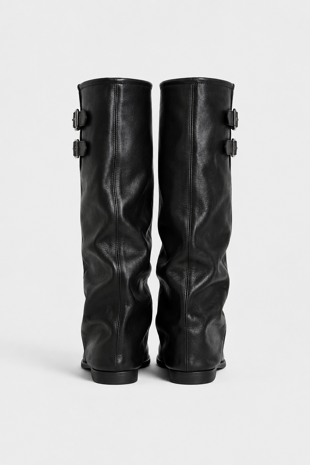 Buckled slouch knee-high biker boots for women