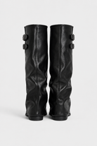 Buckled slouch knee-high biker boots for women
