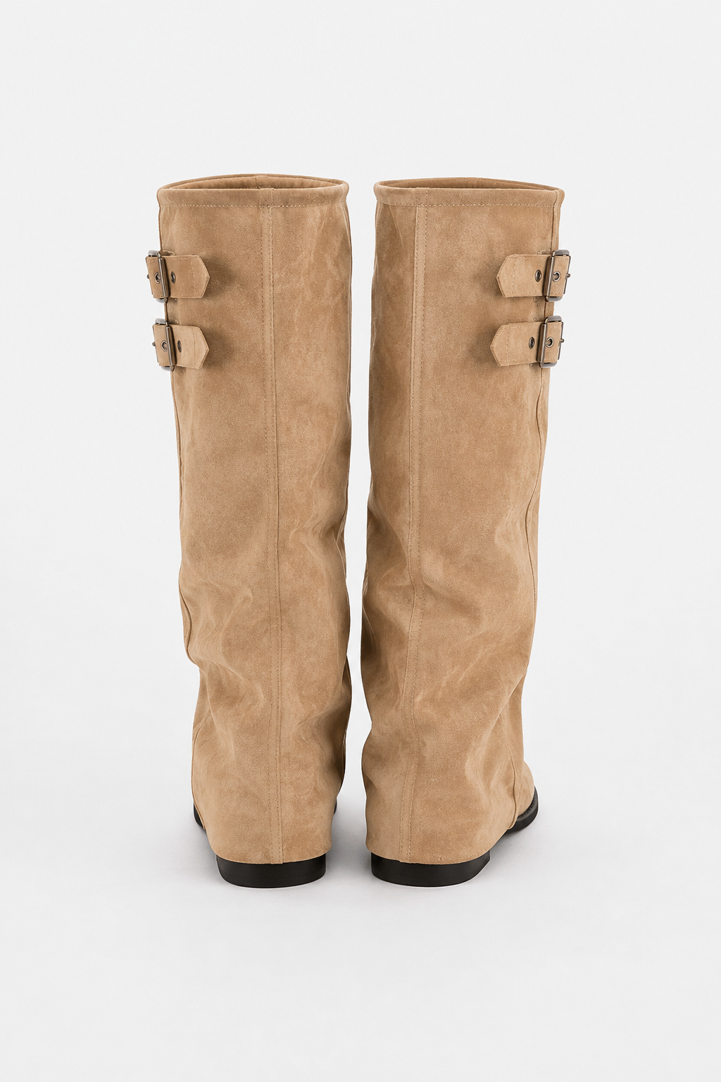 Buckled slouch knee-high biker boots for women