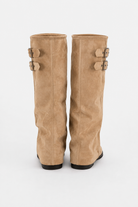 Buckled slouch knee-high biker boots for women
