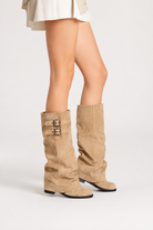 Buckled slouch knee-high biker boots for women