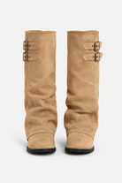 Buckled slouch knee-high biker boots for women