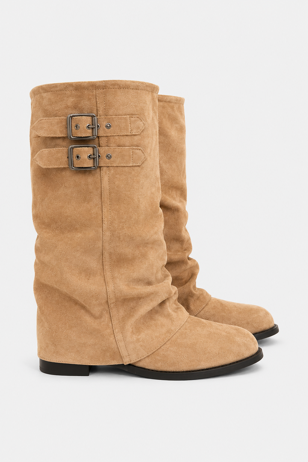 Buckled slouch knee-high biker boots for women